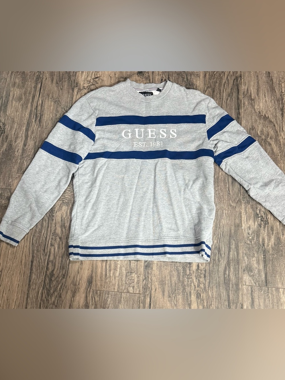 GUESS Light Gray Crewneck Sweater with Blue Stripes